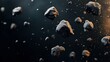 © Alfazet Chronicles - Floating asteroids in outer space with small glowing particles against a dark background, representing a cosmic or astronomical concept