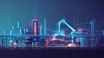 Poster - A futuristic industrial landscape featuring robotic arms and advanced machinery in a vibrant, neon-lit environment.