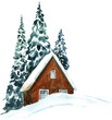 © ElenaDoroshArt - Watercolor background with winter fir trees, pine, house,abstract nature background.