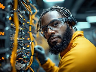 Poster - Offshore IT technicians troubleshooting and repairing complex server racks and networking hardware surrounded by blinking lights and humming machinery with steely determination in their eyes
