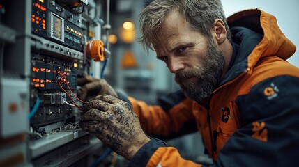 Poster - Weathered offshore IT specialists diligently maintaining and repairing the complex digital systems and communications networks on a nighttime oil and gas production platform