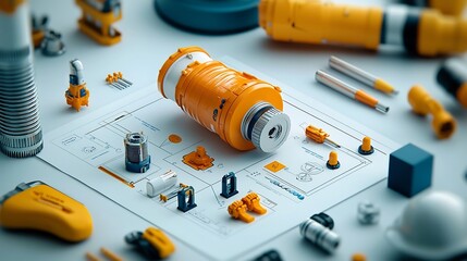 Poster - Offshore Mechanical Engineer Designing and Testing New Equipment for Offshore Oil and Gas Efficiency and Safety Detailed Engineering Schematics and Technical Diagrams Industrial Modernist