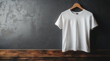 Opened White T-Shirt on Wooden Hanger Isolated Against Grey Wall Background