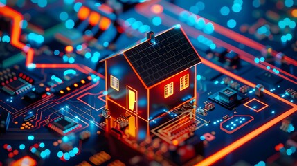 Poster - A digital representation of a house on a circuit board, symbolizing smart home technology.