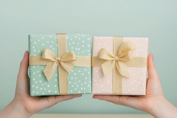 Gift exchange taking place with beautifully wrapped presents in soft colors held by hands