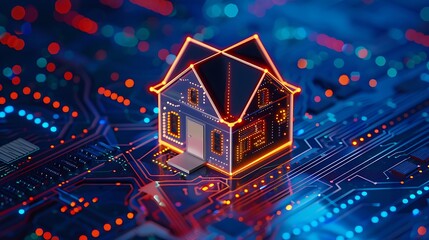Poster - A digital house model illuminated on a circuit board background, symbolizing technology in smart home design.