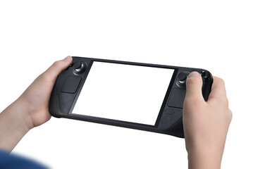 Aufkleber - Child holding a handheld gaming console with isolated screen and transparent background, ideal for promoting games