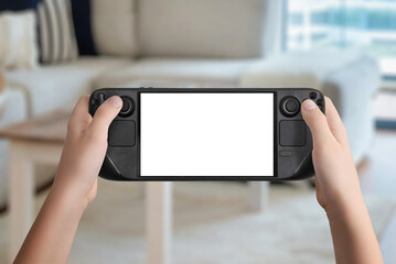 Aufkleber - Flat lay or front view of hands holding a black handheld gaming console with isolated screen, cozy living room background, ideal for mockup game presentation and design