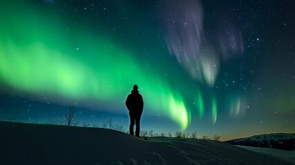 Wall Mural - silhouette of a person, aurora borealis northern lights in the background