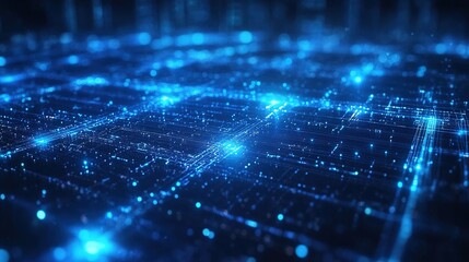 Poster - Glowing Blue Tech Background with Grid Pattern and Light Effects