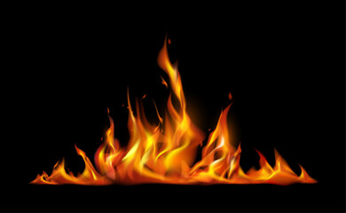 Aufkleber - Fie line, bonfire or campfire backgrounds, orange fiery flames, glowing flare flaming explosions on black background. Vector flaming hot blazes, burning or heating firing line in realistic design