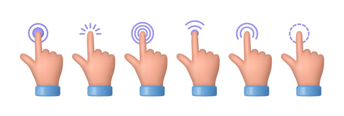 Poster - Realistic smartphone finger pointers, isolated hand cursors for website for computer or mobile applications. Vector pointing and clicking, swiping and touching screen, motion and effects