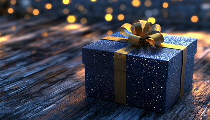 Wall Mural - Blue gift box with gold ribbon and bow on wooden background with golden bokeh lights.