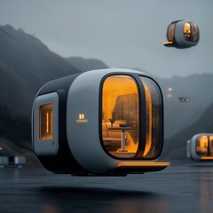 Poster - futuristic smart city with glowing holographic architecture floating vehicles and a minimalist color