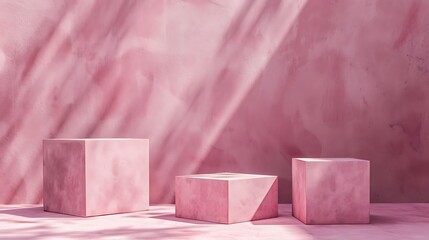 Poster - A minimalist scene featuring three pink cubes against a textured pink wall, highlighting shadows and light play.