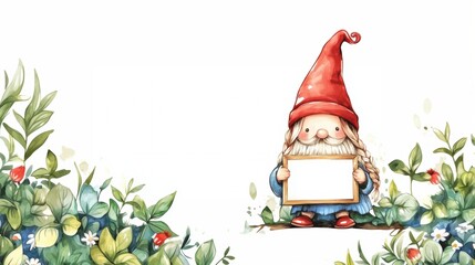 Cute gnome holding blank message board for holiday decoration