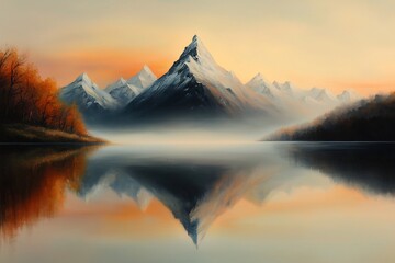 Poster - Serene mountainous lake with snow capped peaks reflected on the still calm waters at dusk bathed in warm golden hour lighting that creates an impressionistic