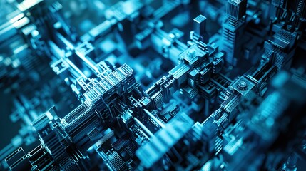 Poster - Complex blue circuitry pattern in abstract digital landscape