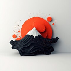Poster - Dramatic 3D abstract mountain landscape with ominous black canvas swirling red shapes and particles creating a captivating and surreal digital art composition in a clean white setting