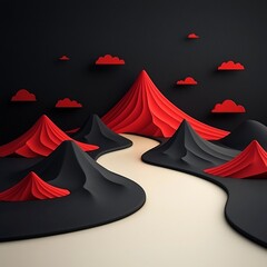 Poster - Striking and Surreal Monochrome Landscape Composed of Undulating Red Geometric Shapes and Silhouettes Forming a Haunting and Atmospheric Mountainous Scene