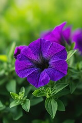 Poster - Close-up photo of a purple flower with lush green leaves, ideal for botanical or nature-themed uses