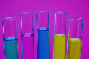 five test tubes with colorful liquid against vibrant pink background