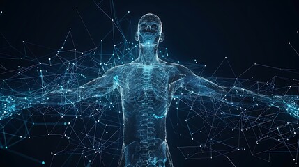 Poster - A digital representation of a human body, showcasing a network of connections and data visualization.