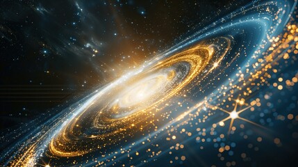 Aufkleber - Stunning spiral galaxy with vibrant blue and gold hues in starry space cosmic landscape