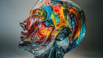 Poster - Modern artistic glass sculpture close-up of human head in creative studio setting