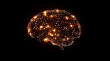 Poster - Digital art of an illuminated brain innovation in neural tech against dark background