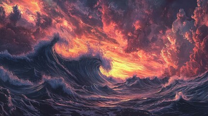 Poster - Vibrant sunset dramatic ocean wave crashing in captivating coastal landscape