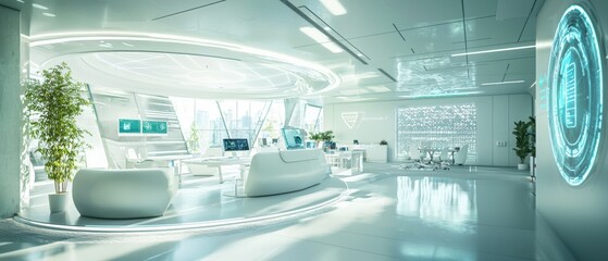 Poster - Futuristic office space design health-focused interiors in a bright environment