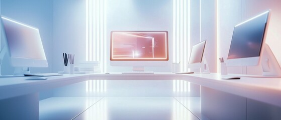 Poster - Futuristic workspace concept with holographic interfaces and immersive design