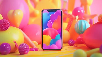 Poster - Vibrant Smartphone Displayed Amidst a Colorful, Abstract Candy-Like Landscape