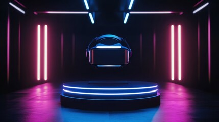 Poster - Futuristic vr headset showcase on podium dark environment technology display sci-fi concept