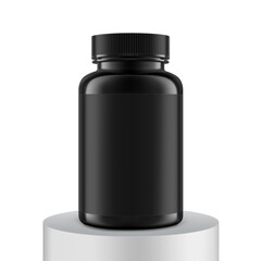 Wall Mural - Plastic black packer pill bottle on pedestal mockup with black label for treats, vitamins, supplements isolated on white background. Vector illustration. ready for your design. EPS10.	