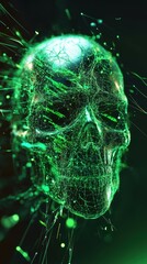 Poster - Neon green data streams cracking human skull in digital art sci-fi environment futuristic viewpoint