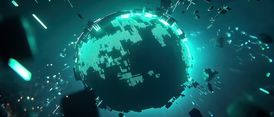 Poster - Digital artwork of pixelated globe with neon green continents futuristic space 3d visualization