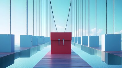 Poster - A stunning visual representation of innovation, showcasing a vibrant red box balanced amidst a futuristic landscape of blue boxes and serene waters under a clear sky.