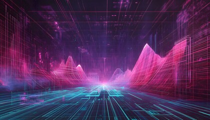 Poster - A vibrant digital landscape showcasing futuristic neon lines and data visualizations, representing advanced technology and innovation in a captivating abstract form.