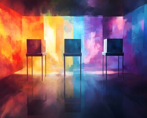 Poster - A vibrant digital space features three monitors illuminated by colorful light, creating a surreal atmosphere