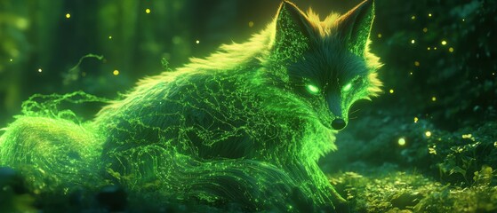 Poster - Digital art of a glitching neon green fox in a mystical forest setting captivating nature scene