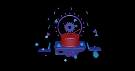 Poster - Red drum symbol on a pedestal of abstract geometric shapes floating in the air. Abstract concept art with flying shapes in the center. 3d illustration on black background