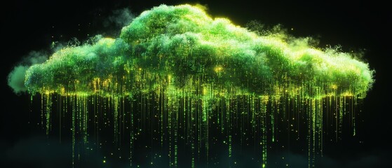 Poster - Dynamic neon green cloud forming from matrix code digital art abstract creative cyber environment