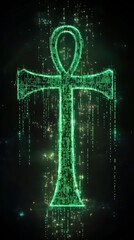 Poster - Digital neon green ankh symbol abstract art pixelated design virtual environment futuristic concept