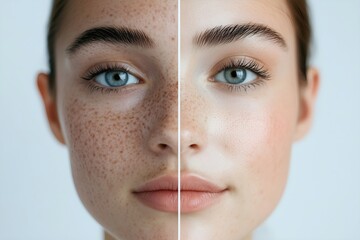 Wall Mural - Split-Face Comparison of Facial Hyperpigmentation Before and After Treatment
