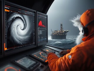 Poster - A group of offshore meteorologists and analysts meticulously monitoring ocean weather conditions and storm systems on large interactive screens
