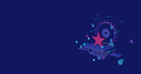 Poster - Pink star symbol on a pedestal of abstract geometric shapes floating in the air. Abstract concept art with flying shapes on the right. 3d illustration on indigo background