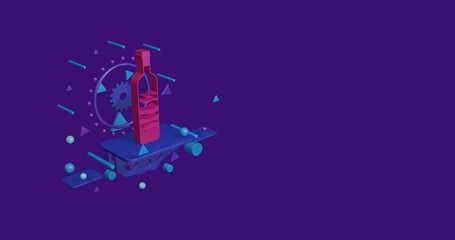 Poster - Pink the world in a bottle symbol on a pedestal of abstract geometric shapes floating in the air. Abstract concept art with flying shapes on the left. 3d illustration on deep purple background