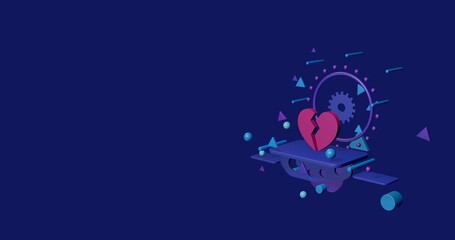 Poster - Pink broken heart symbol on a pedestal of abstract geometric shapes floating in the air. Abstract concept art with flying shapes on the right. 3d illustration on indigo background